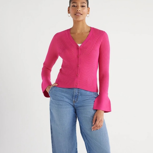 Scoop Women’s V-Neck Button Front Ribbed Long Bell Sleeve Cardigan Sweater NWT - Picture 1 of 7